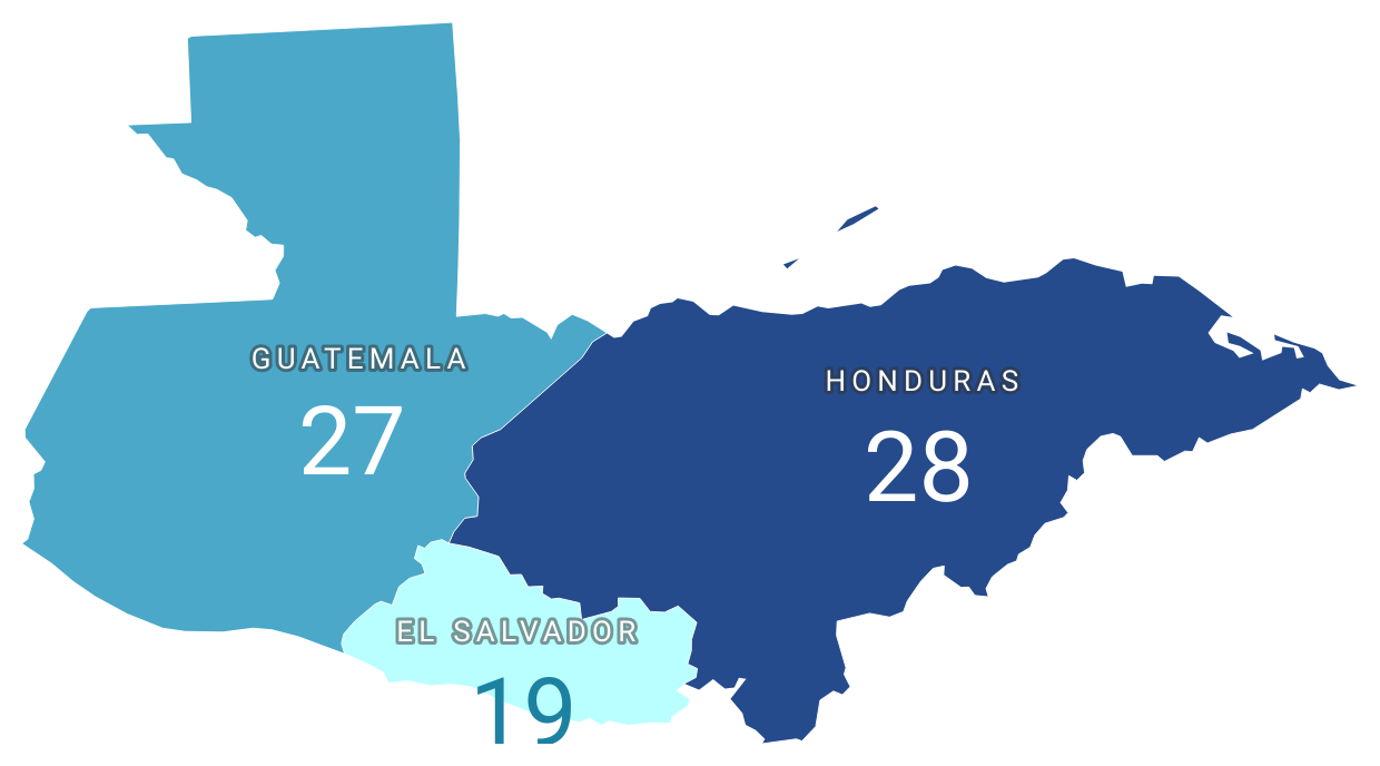 Map showing number of floods in Guatemala (27), Honduras (28) and El Salvador (19) from 2008 to 2021)