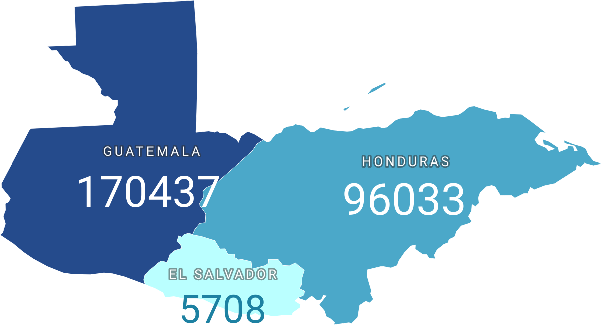 Map showing people displaced by floods in Guatemala (170437), Honduras (96033) and El Salvador (5708) from 2008 to 2021)